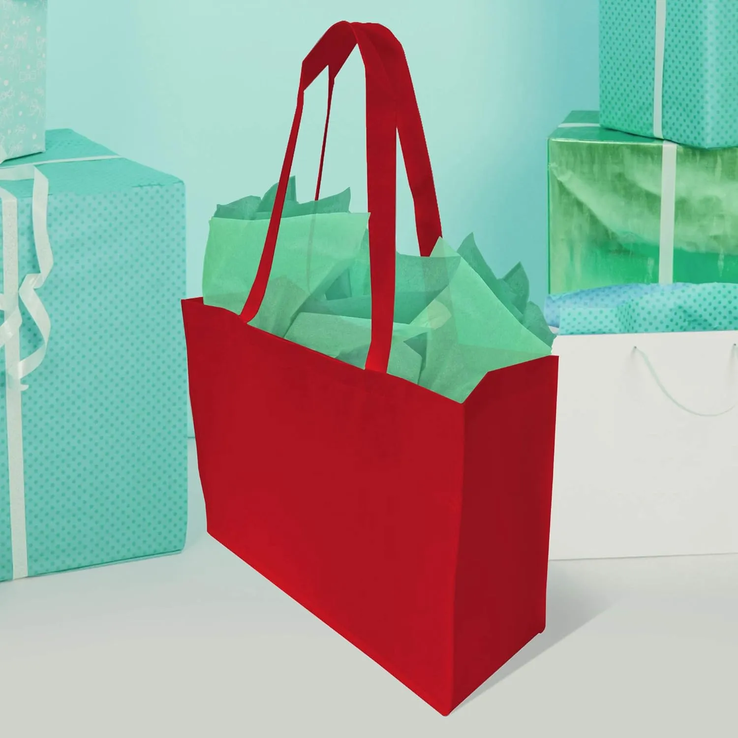 ZENPAC Large Red Gift Bags with Handles, Reusable Fabric Totes for Small Business, Christmas, Valentines, Holidays, Grocery, Bulk, 16x6x12 12 Pack