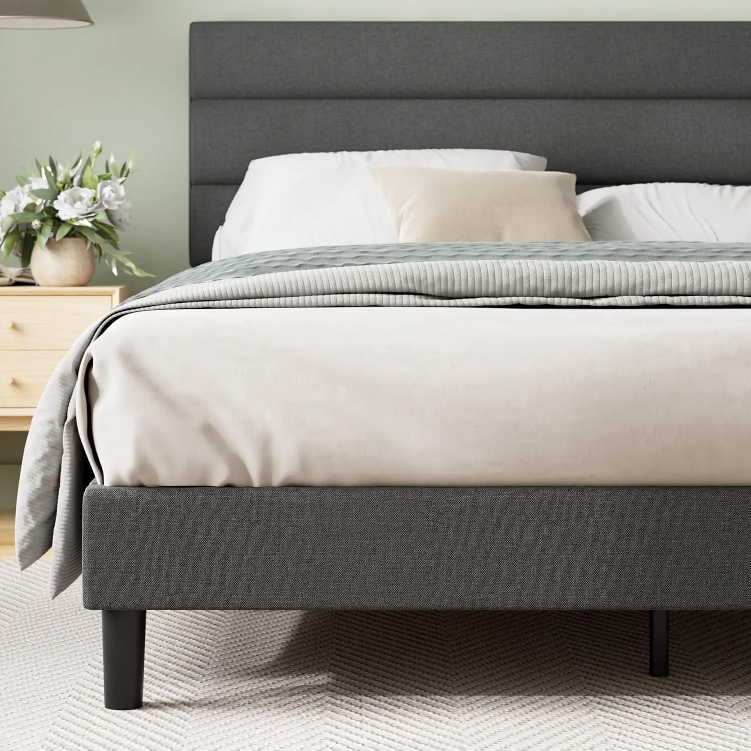 ZINUS Full Piper Upholstered Platform Bed with Horizontal Paneled Headboard, Wooden Slat Support, No Box Spring Needed, Easy Assembly, Eco Friendly Packaging, Dark Grey