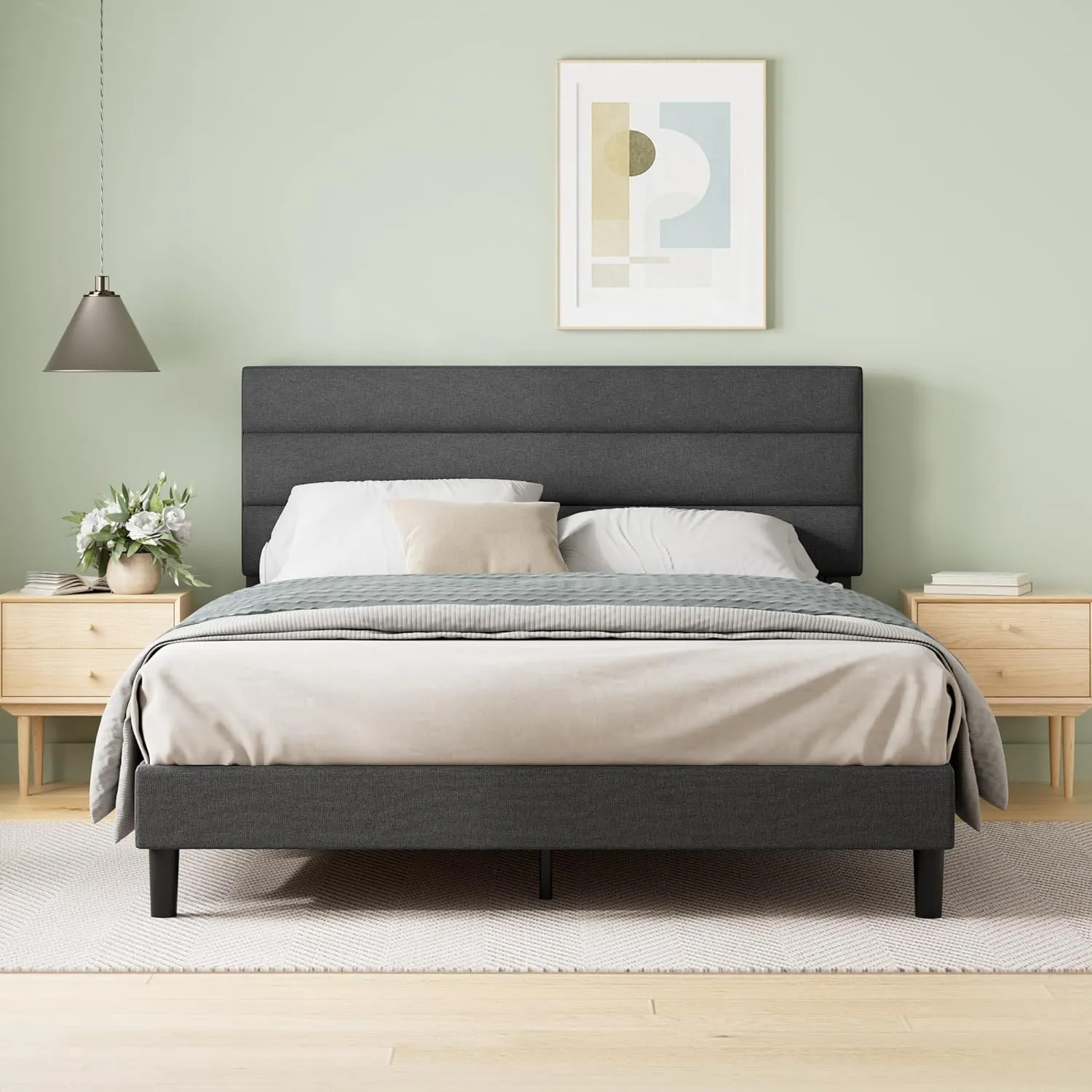 ZINUS Full Piper Upholstered Platform Bed with Horizontal Paneled Headboard, Wooden Slat Support, No Box Spring Needed, Easy Assembly, Eco Friendly Packaging, Dark Grey