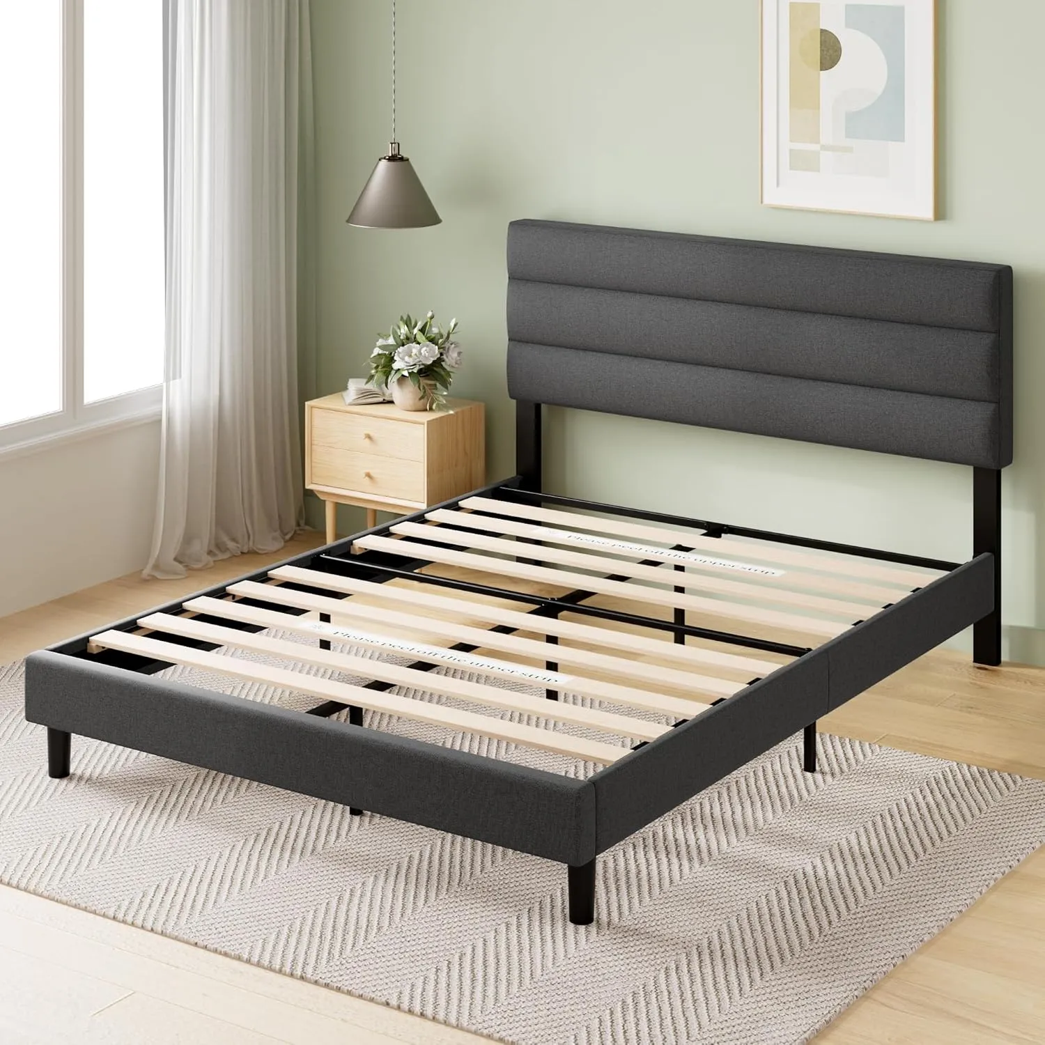 ZINUS Full Piper Upholstered Platform Bed with Horizontal Paneled Headboard, Wooden Slat Support, No Box Spring Needed, Easy Assembly, Eco Friendly Packaging, Dark Grey