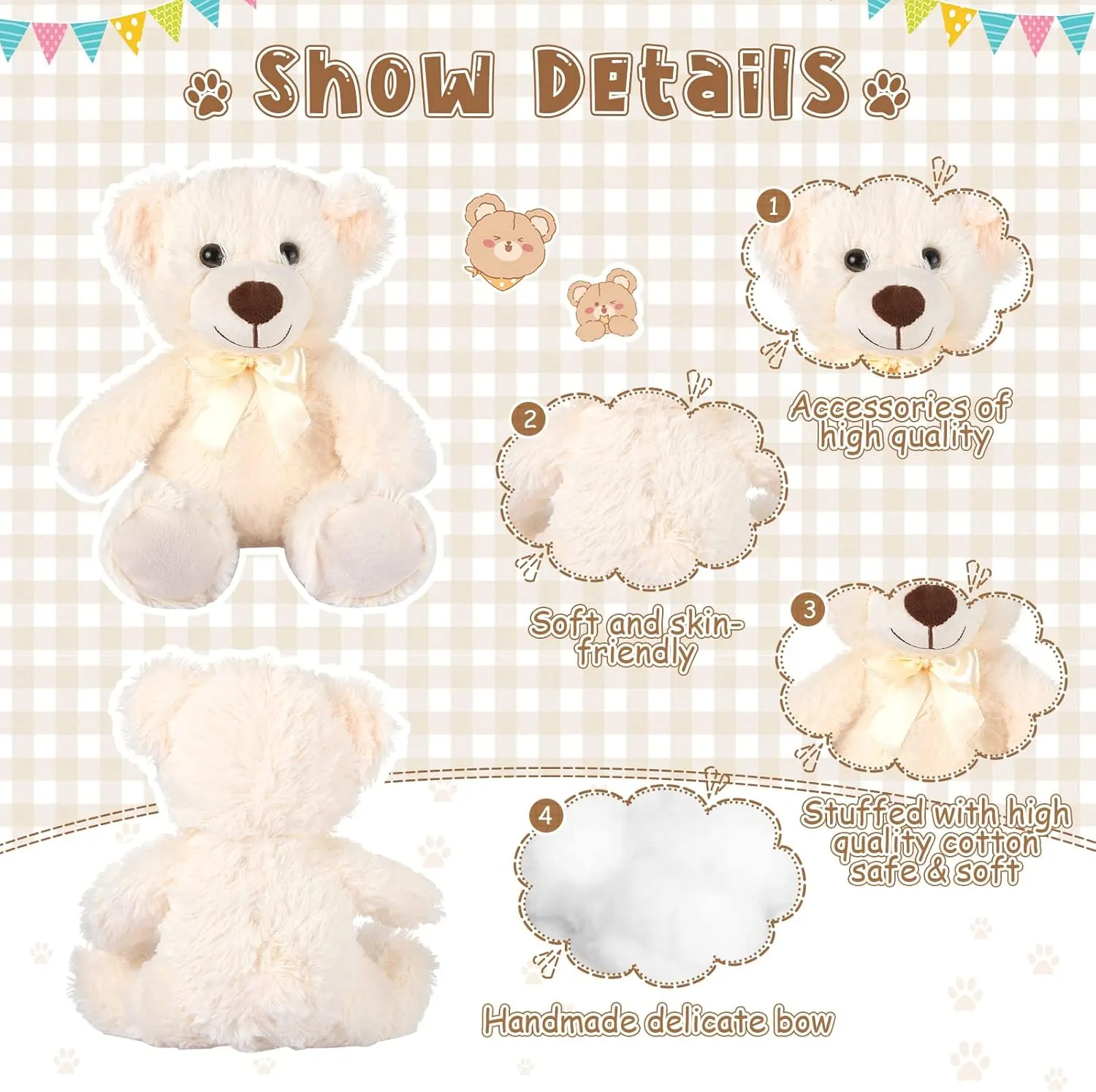 Zomiboo 7 Packs 14 Inch Plush Bear Stuffed Animals Plush Soft Cute Stuffed Dolls Birthday Party Decorations(White, Brown)