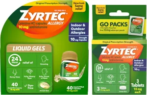 Zyrtec 24 Hour Allergy Relief Liquid Gels, Cetirizine HCl Allergy Medicine for All-Day Relief from Runny Nose, Sneezing, Itchy Eyes & More, 40 ct   3 ct Travel Pack, 43 Capsules