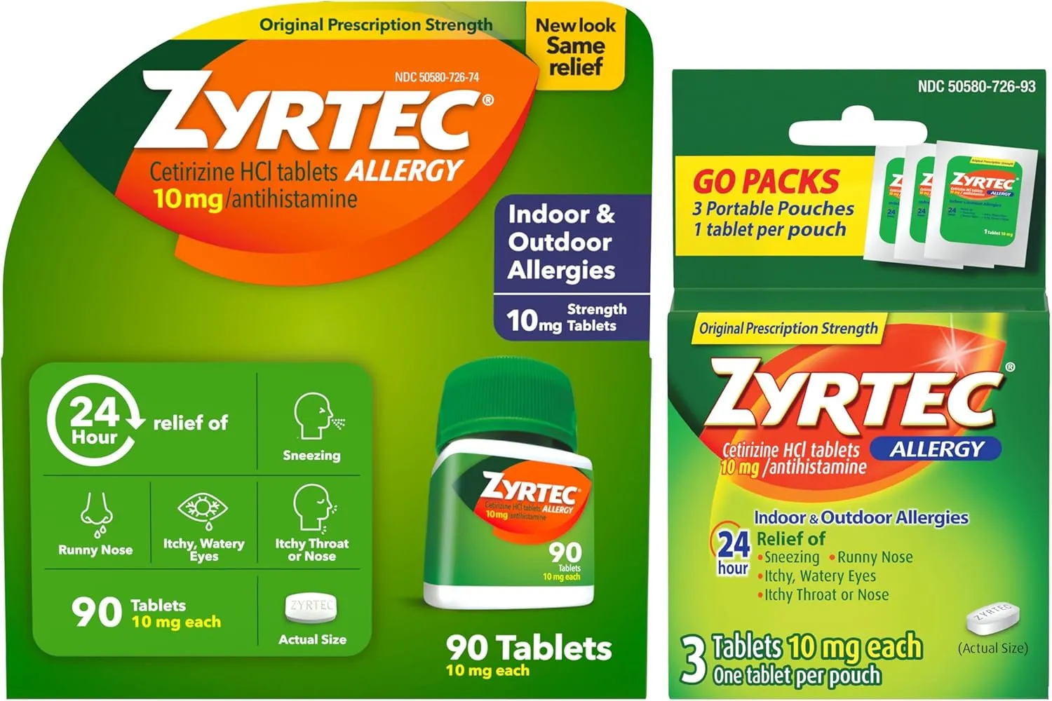 Zyrtec 24 Hour Allergy Relief Tablets, Indoor and Outdoor Allergy Medicine with 10 mg Cetirizine HCl per Antihistamine Tablet, Bundle Pack, 90 ct   3 ct Travel Packs, 93 Count